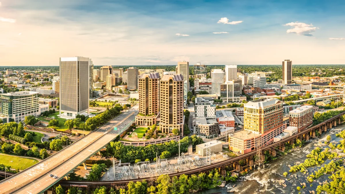 Aerial panorama of Richmond, Virginia, at sunset