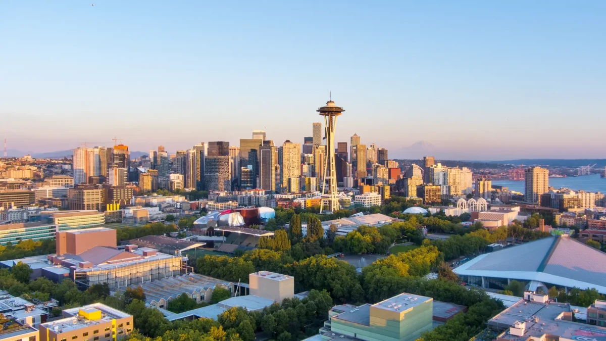 Aerial view of Seattle, Washington, at dusk