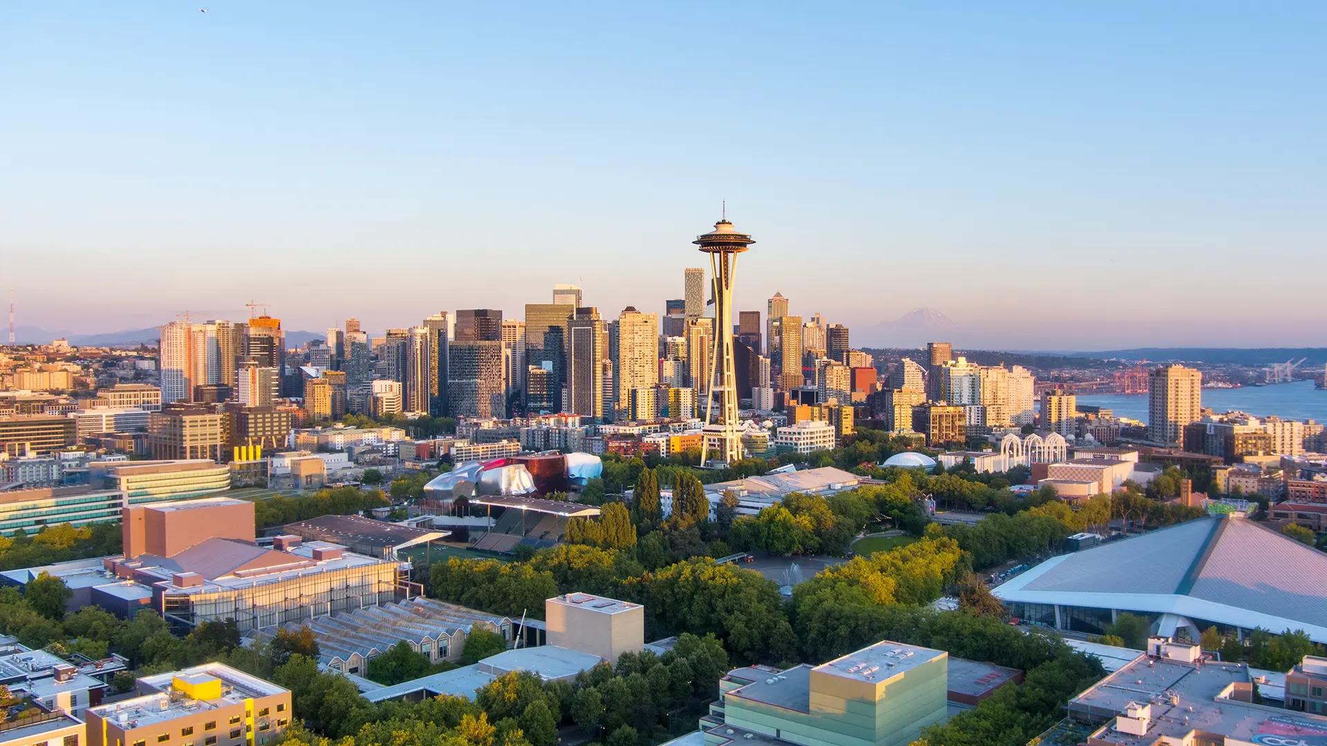 Aerial view of Seattle, Washington, at dusk