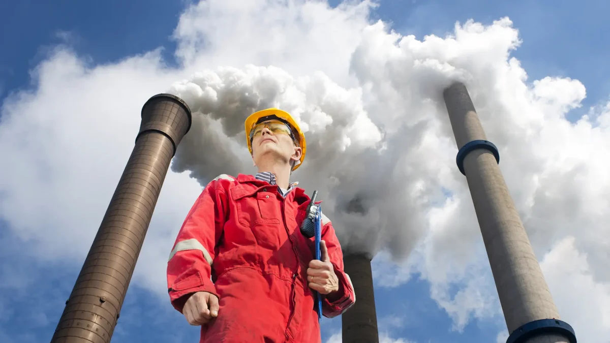 An engineer looking up with tall smoke stacks