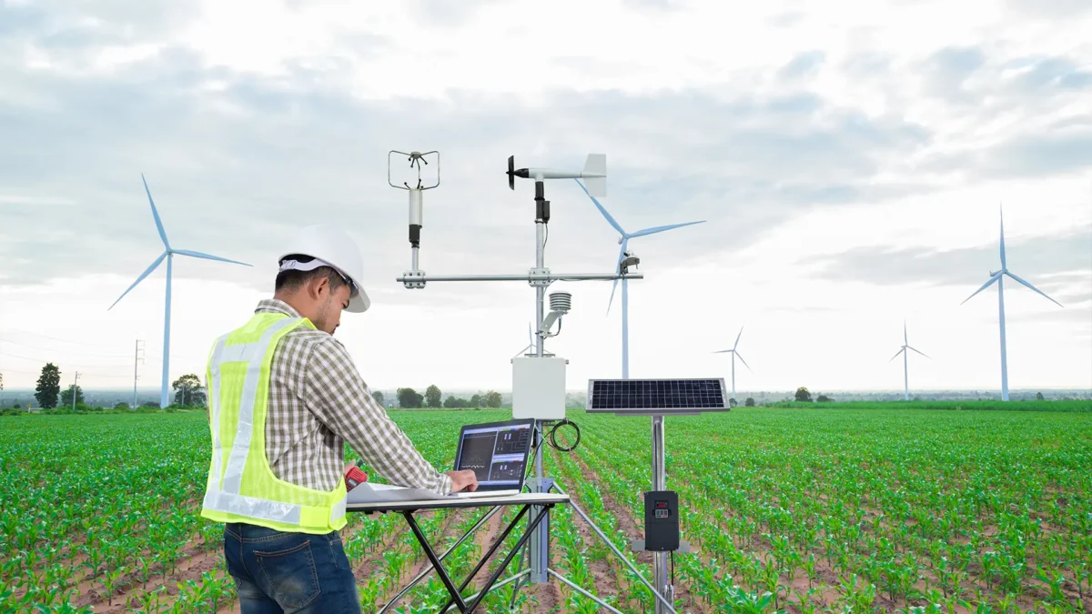 Engineer using tablet computer collect data with a meteorological instrument