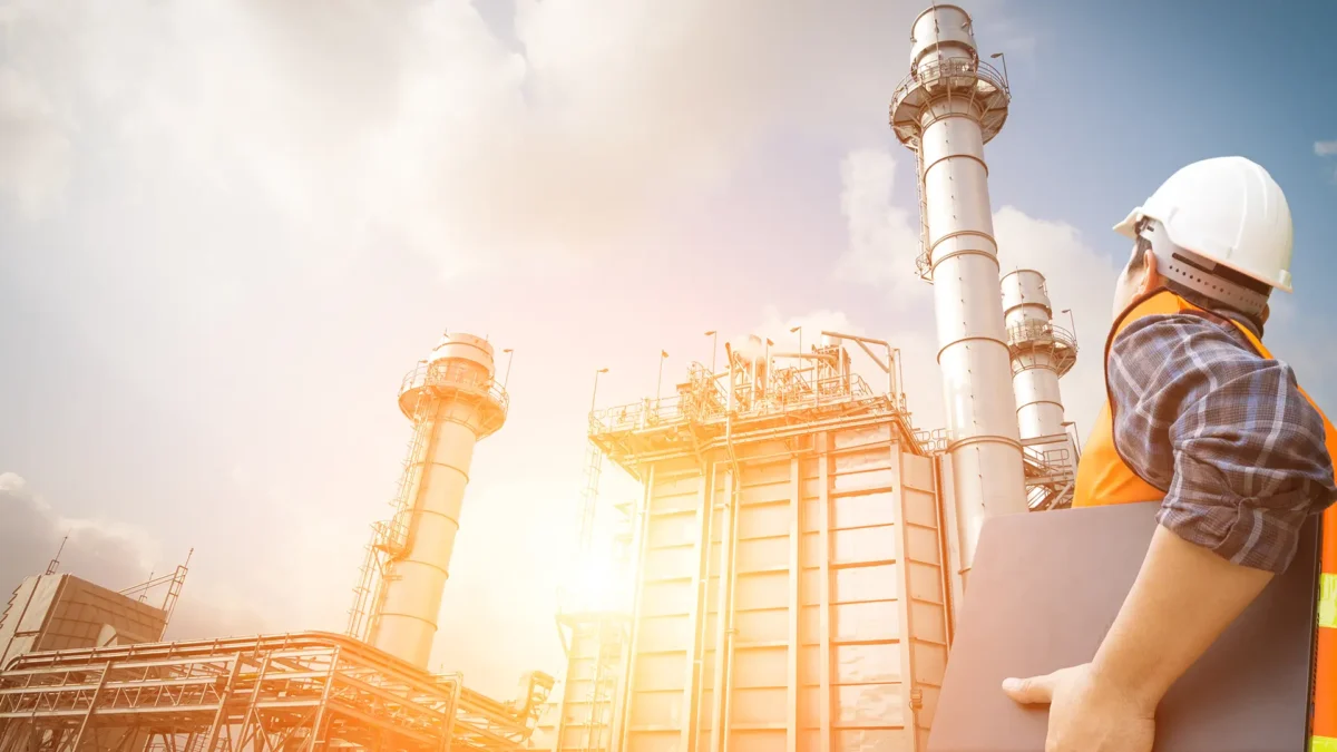 An engineer working and laptop at a power plant