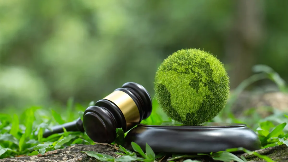 Green World and gavel with scales of justice