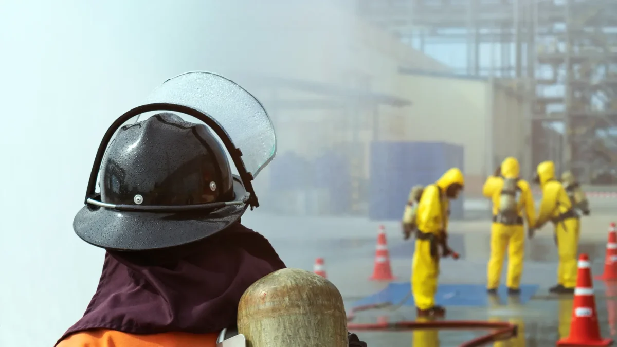 Chemical spill pollution response team in action