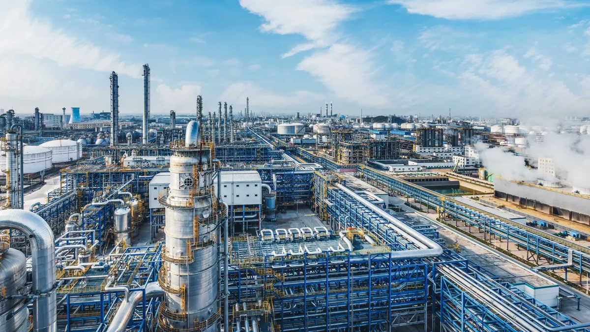 Oil refineries and chemical plants in industrial areas