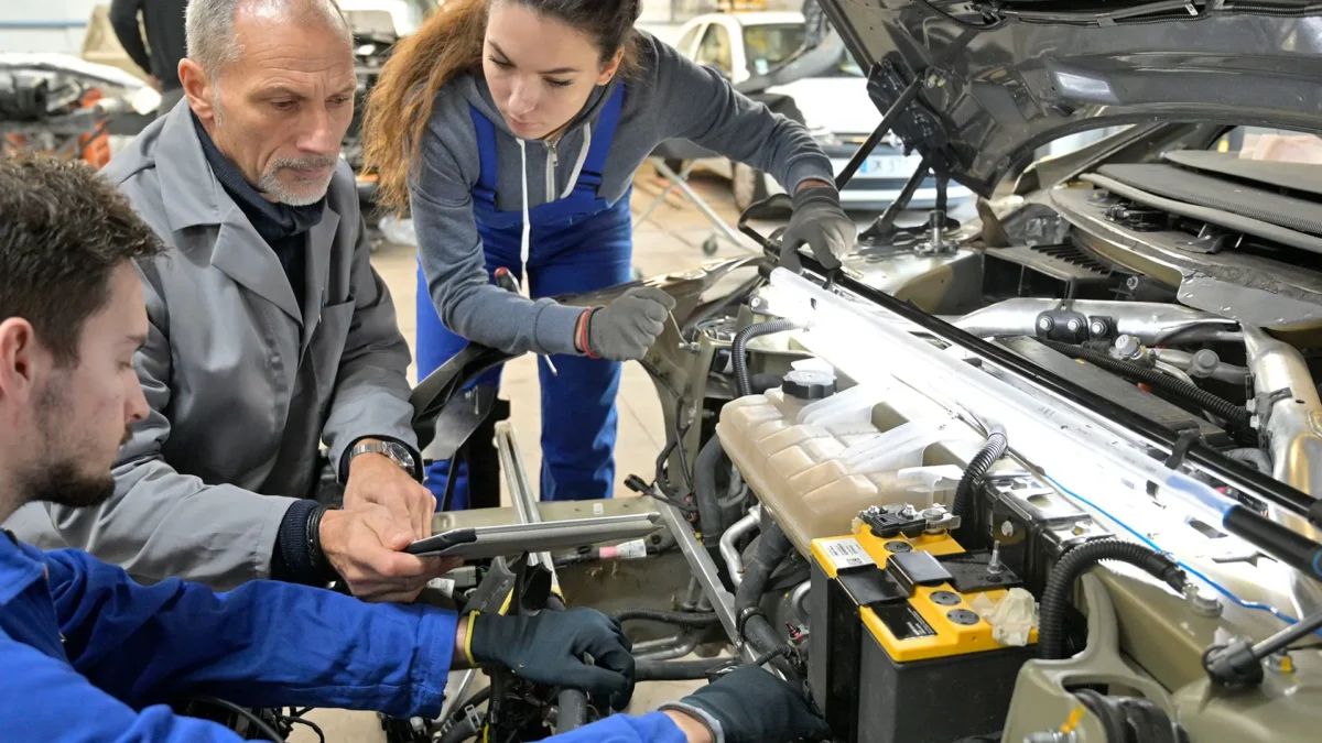 Instructor with trainees working on a car engine
