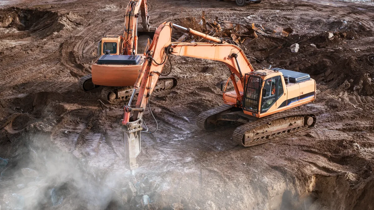 Excavator jackhammer at a construction site