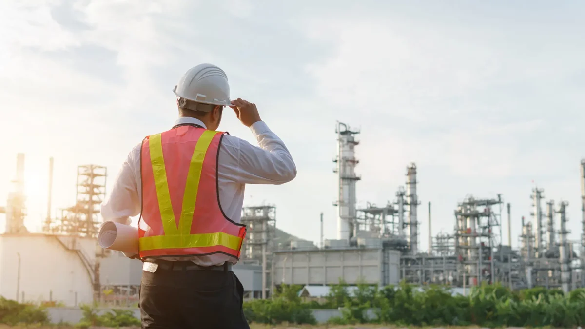 Engineer holding a safety hat in front of a refinery