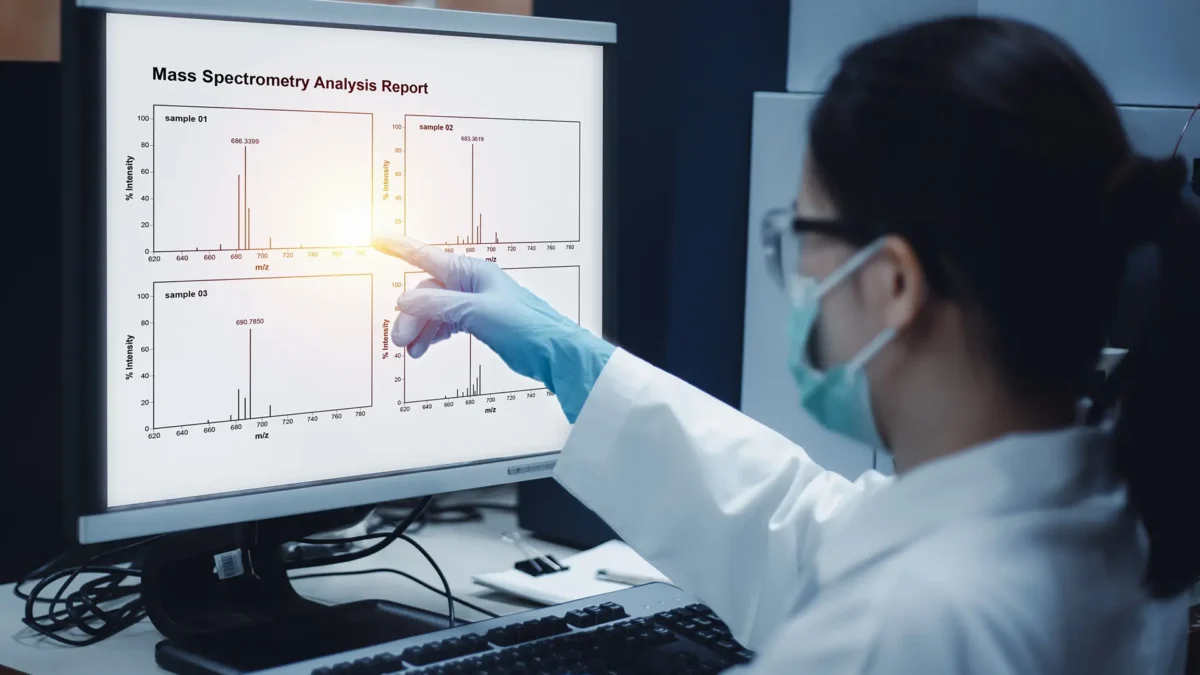 Mass spectrometry analysis results on the computer monitor